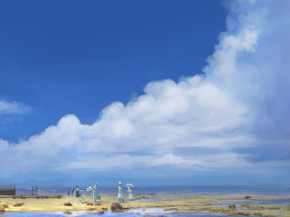 hirokiku, aino ai, alicia florence, ametsuchi akino, aria pokoteng, mizunashi akari, aria (manga), 00s, 4girls, beach, cloud, day, multiple girls, outdoors, scenery, sky