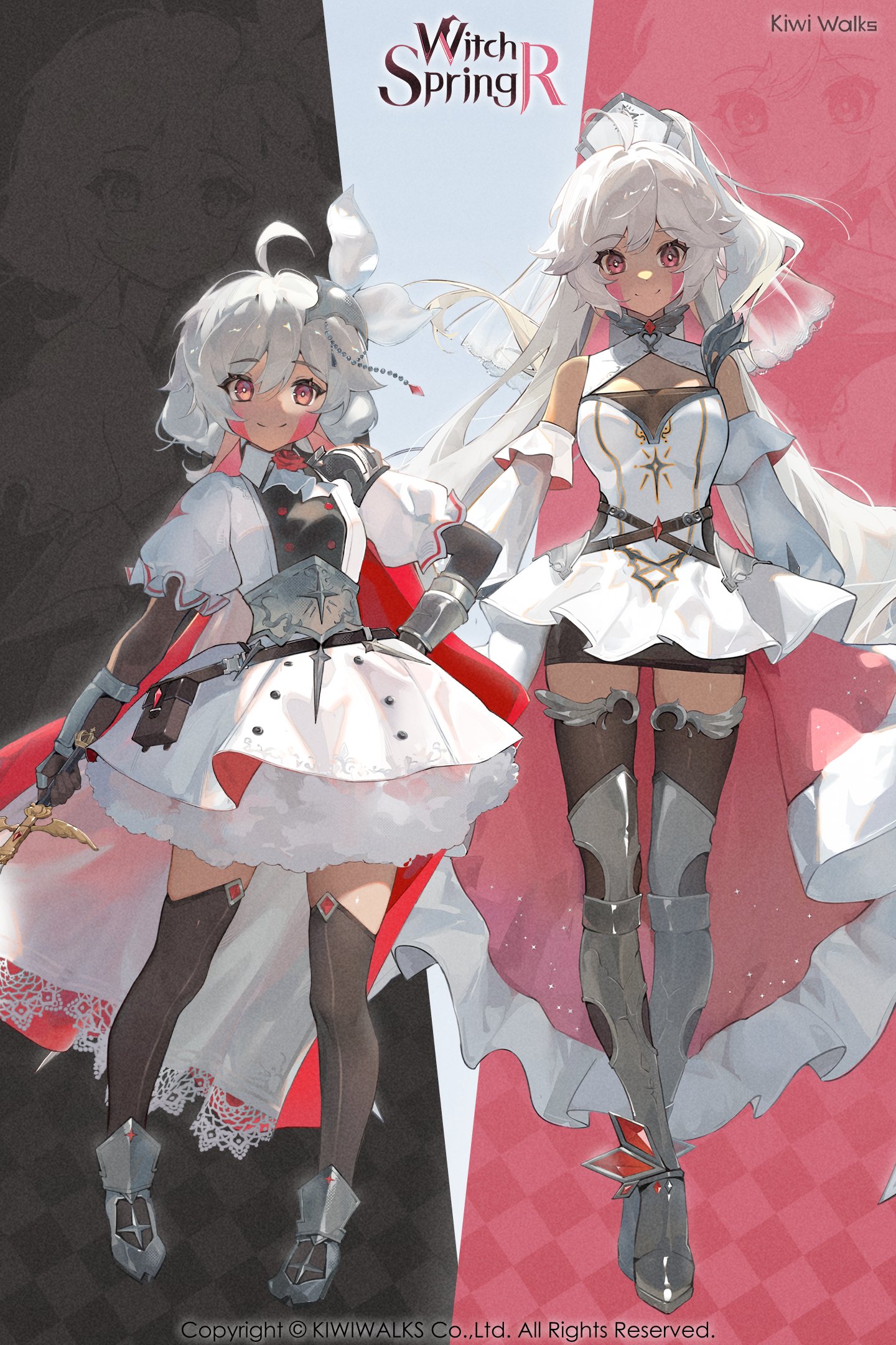 pieberry (witch springs), witch springs, highres, official art, promotional art, 2girls, aged down, aged up, armor, breasts, dark-skinned female, dark skin, detached sleeves, dress, full body, gloves, hair between eyes, hat, long hair, looking at viewer, medium breasts, multiple girls, pink eyes, short hair, small breasts, smile, thighhighs, weapon, white hair, zettai ryouiki