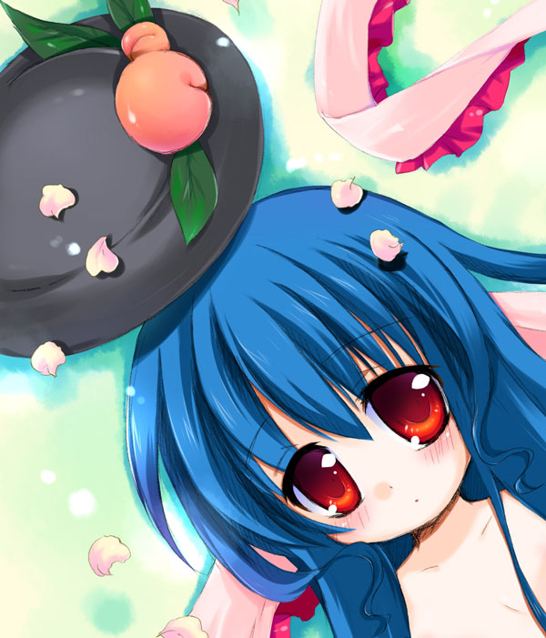 akino ochiba, hinanawi tenshi, touhou, 1girl, bare shoulders, blush, collarbone, female focus, food, from above, fruit, hat, looking at viewer, lying, on back, peach, petals, red eyes, solo, tareme, unworn hat, unworn headwear, upper body