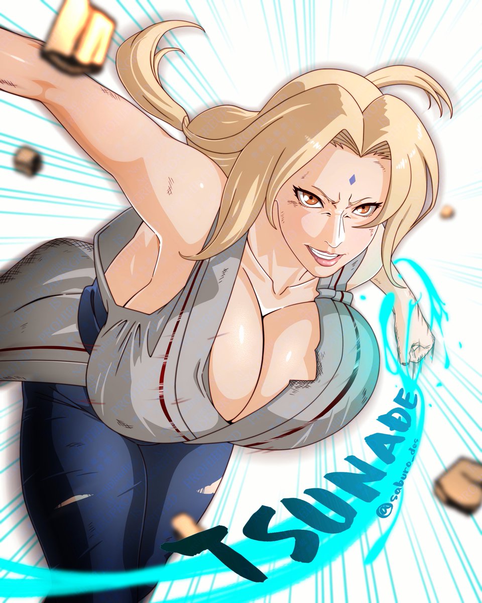 saburo des, tsunade (naruto), naruto (series), highres, 1girl, blonde hair, breasts, character name, cleavage, curtained hair, facial mark, forehead mark, happi, huge breasts, japanese clothes, motion lines, short eyebrows, signature, solo, speed lines, twitter username, unaligned breasts, white background, yellow eyes