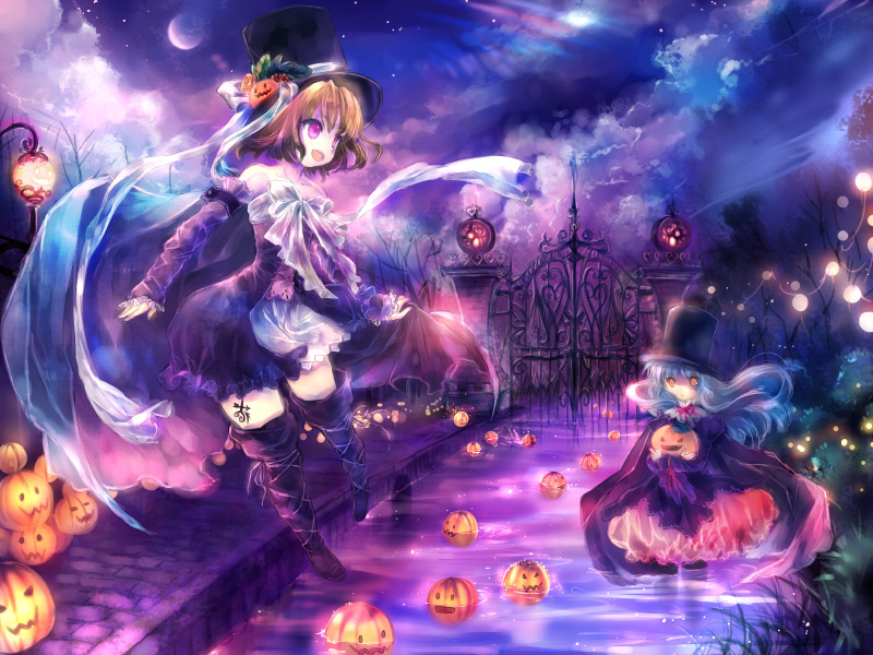 onineko, original, 2girls, blue hair, boots, brown hair, cloud, food-themed hair ornament, hair ornament, halloween, hat, jack-o'-lantern, long hair, moon, multiple girls, pink eyes, pumpkin, pumpkin hair ornament, short hair, thigh boots, thighhighs, top hat, water