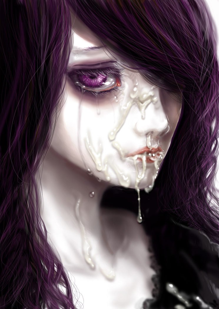 inuboe, bad id, bad pixiv id, 1girl, bukkake, cum, cum in nose, cum on body, facial, female focus, goth fashion, pale skin, purple eyes, purple hair, solo, tears