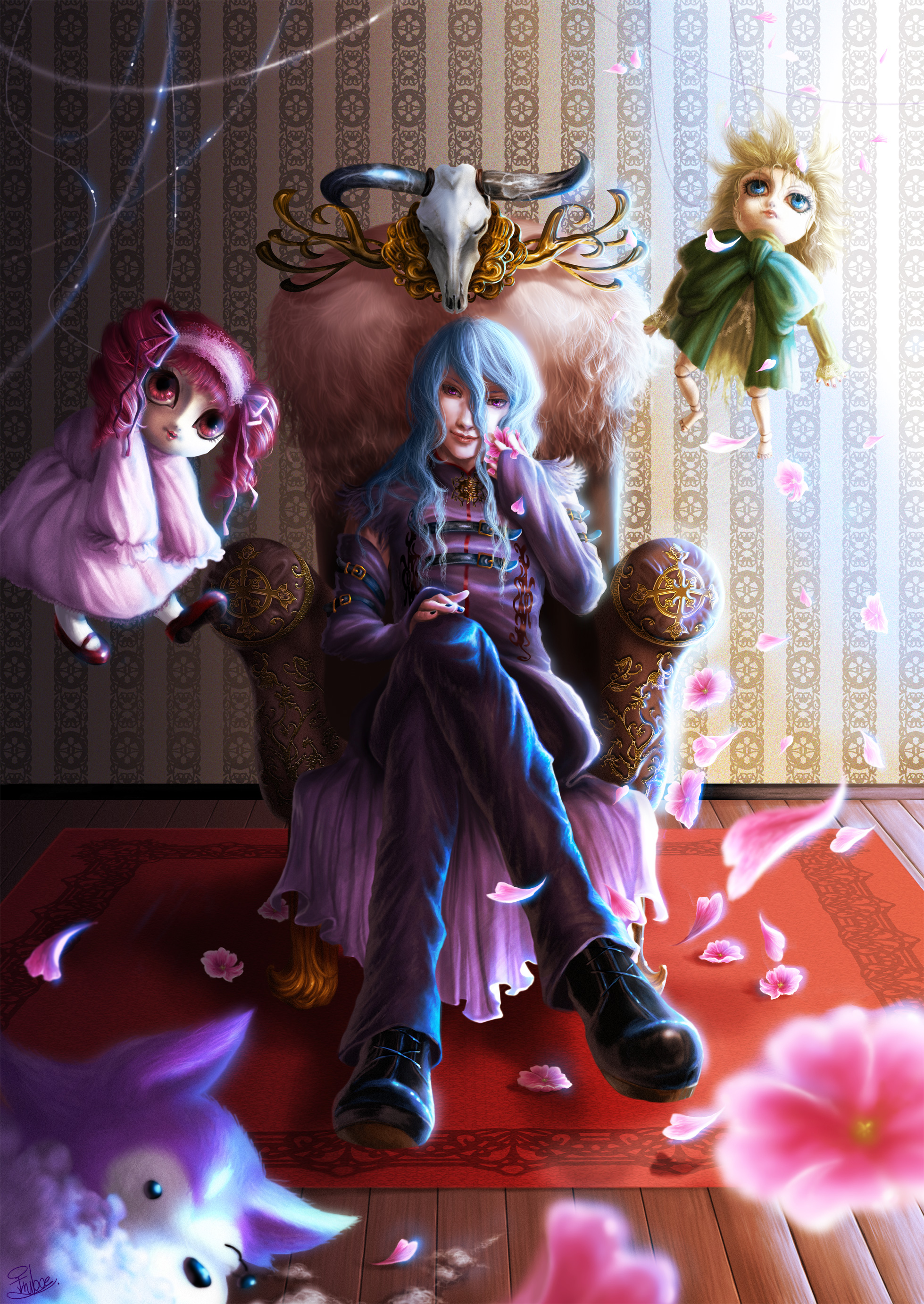 inuboe, absurdres, bad id, bad pixiv id, highres, armchair, blue eyes, blue hair, chair, detached sleeves, dog, flower, full body, long hair, petals, puppet, sitting, skull, solo