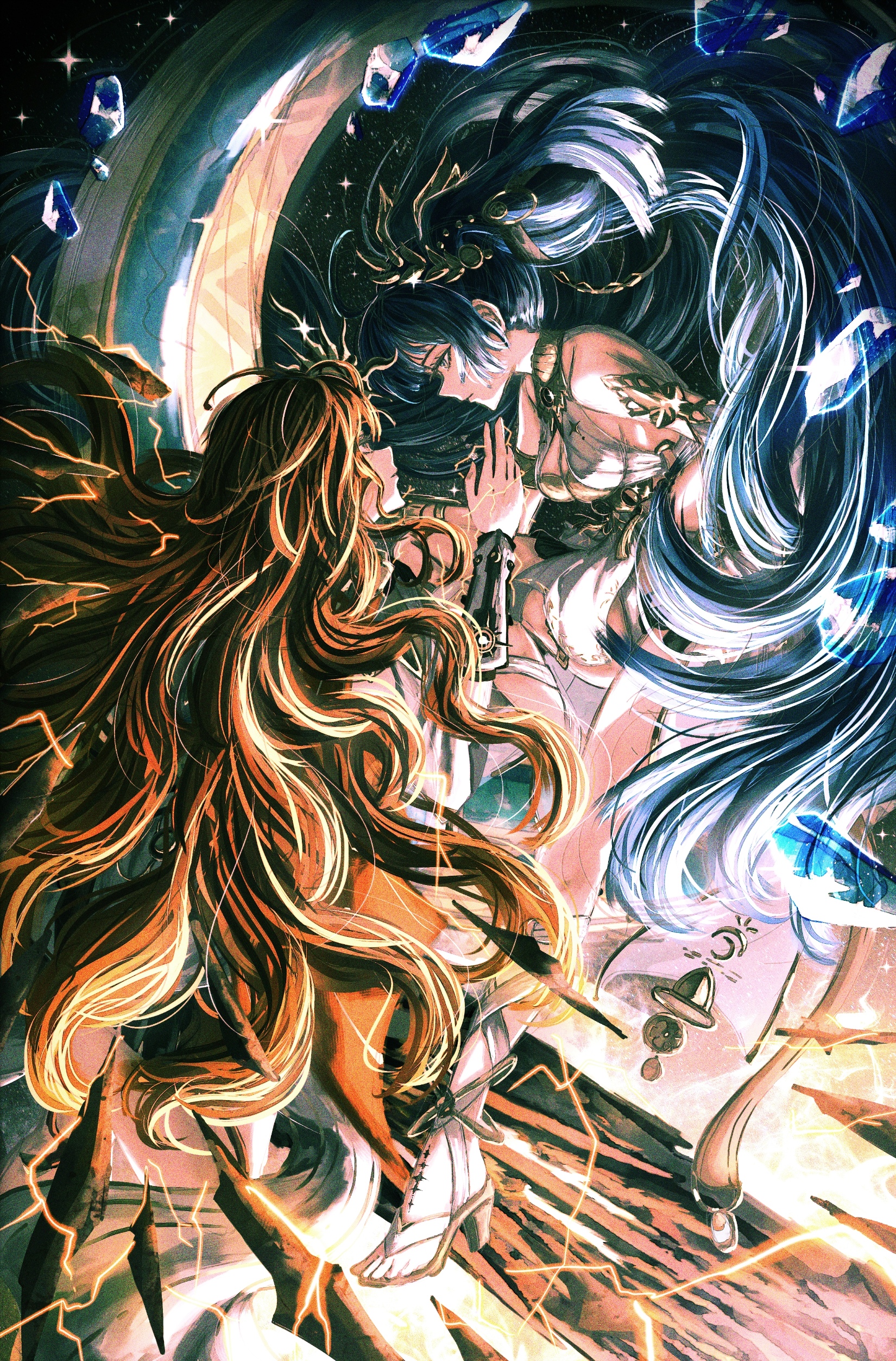 artdroiiid ii, augusta (wuthering waves), iuno (wuthering waves), wuthering waves, absurdres, commentary, english commentary, highres, 2girls, ancient greek clothes, arm armor, armlet, bare shoulders, blue hair, breasts, cleavage, closed mouth, electricity, eye contact, gold bra, greco-roman clothes, headgear, high heel sandals, jewelry, laurel crown, long hair, looking at another, medium breasts, multiple girls, orange eyes, orange hair, profile, sandals, tacet mark (wuthering waves), very long hair