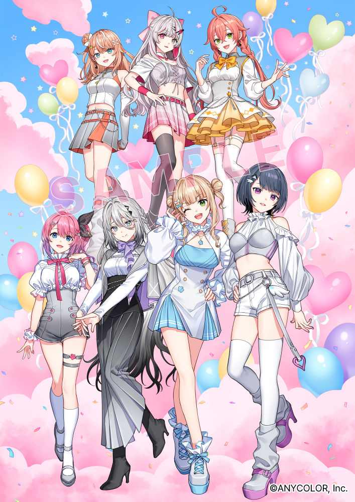 nardack, igarashi rika, ishigami nozomi, kaburaki roco, koshimizu toru, kuramochi meruto, shishido akari, sophia valentine, nijisanji, official art, 6+girls, ahoge, asymmetrical legwear, balloon, belt, black hair, black socks, black thighhighs, brown hair, closed mouth, colored inner hair, double bun, dress, full body, green eyes, grey hair, hair between eyes, hair bun, hair ornament, heart balloon, heterochromia, high heels, idios, kneehighs, long hair, low twintails, multicolored hair, multiple girls, one eye closed, open mouth, orange hair, pink hair, red eyes, sample watermark, shoes, short hair, skirt, smile, socks, standing, stomach, thighhighs, twintails, two-tone hair, uneven legwear, virtual youtuber, watermark, white socks, white thighhighs