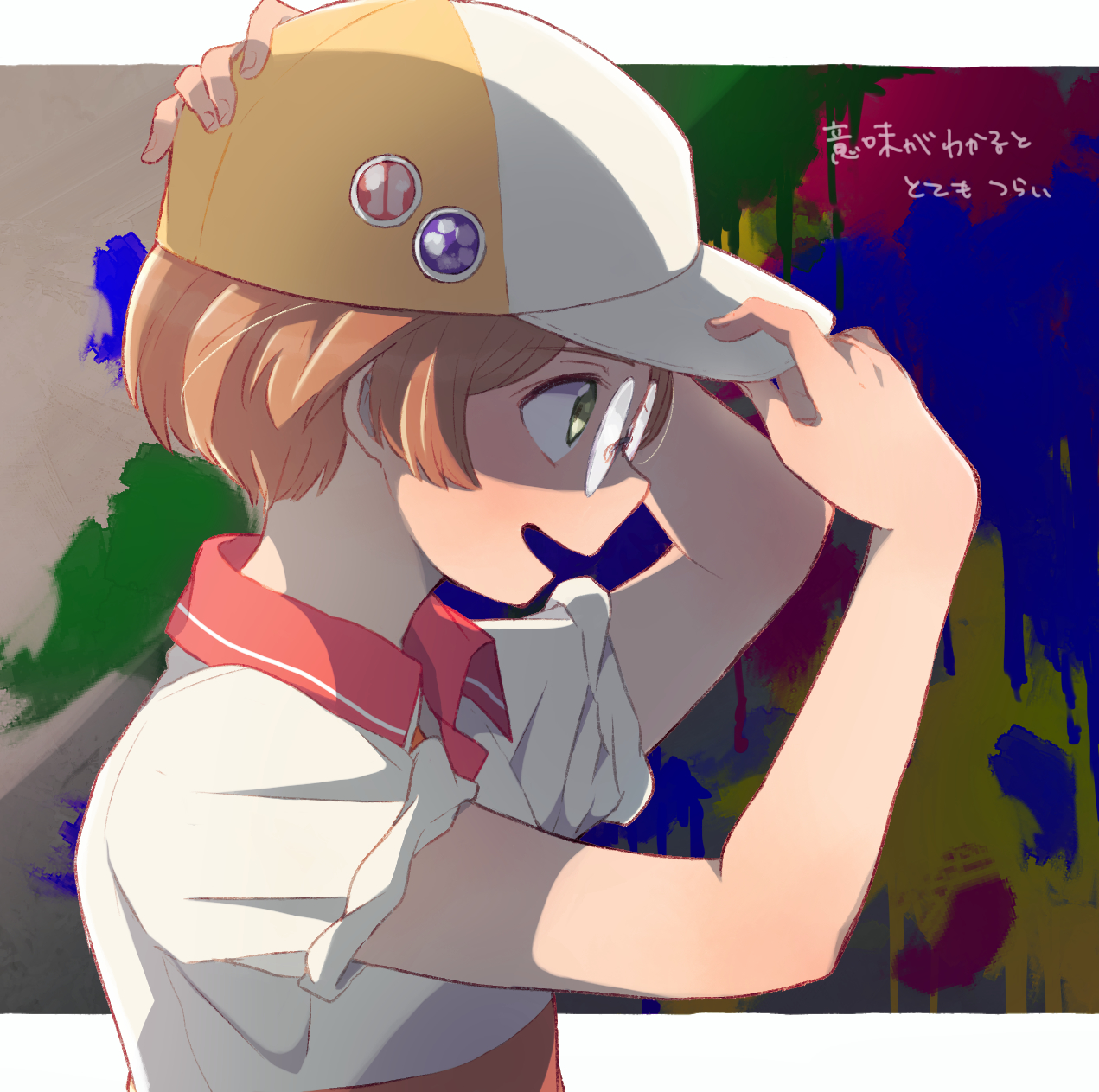 aoya (ayoyame18), jinnai enta, sarazanmai, commentary request, highres, translation request, 1boy, adjusting clothes, adjusting headwear, baseball cap, brown hair, graffiti, green eyes, hat, male focus, open mouth, round eyewear, shirt, short hair, short sleeves, sleeves rolled up, solo, upper body, white shirt