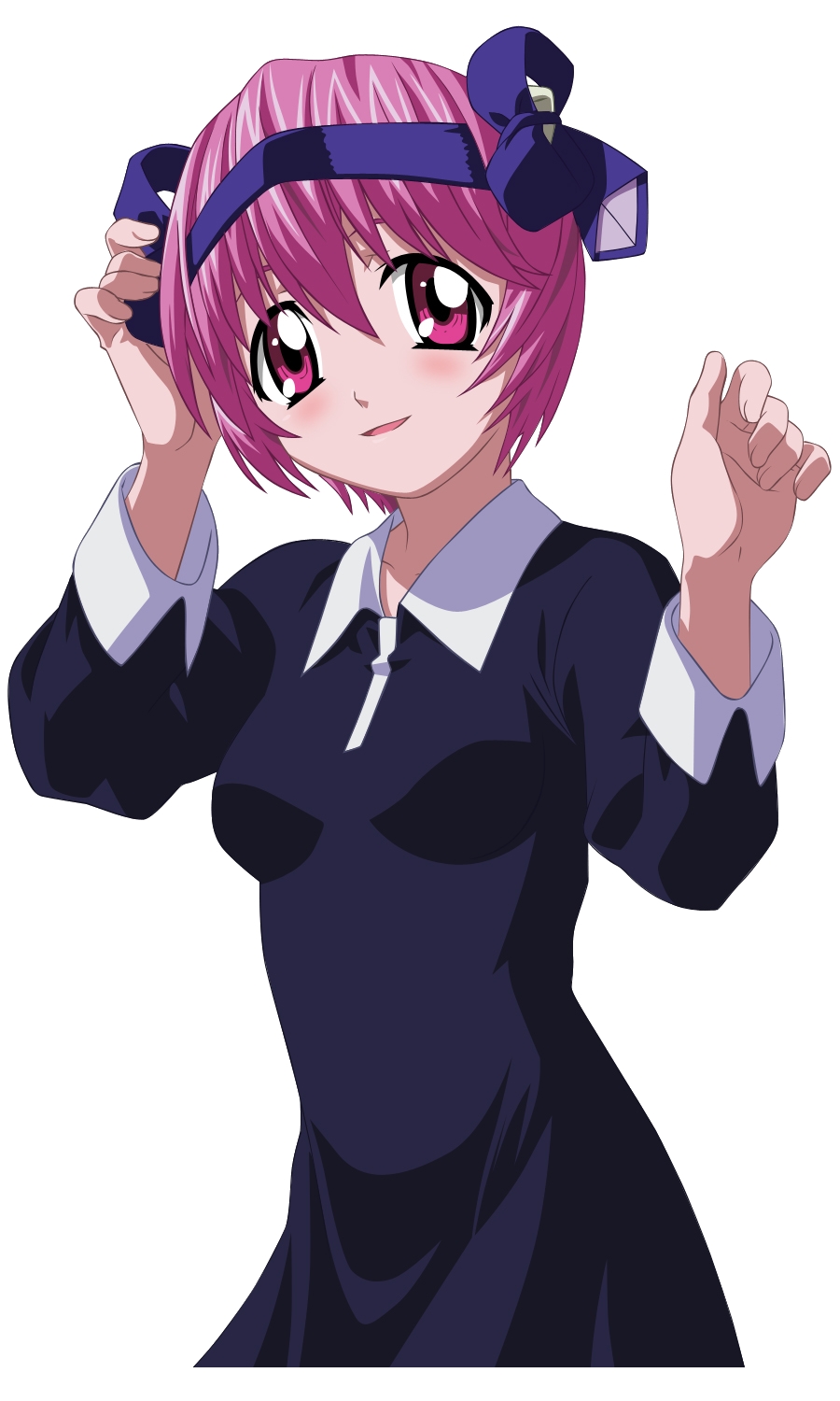 nana (elfen lied), elfen lied, derivative work, highres, official art, vector trace, 00s, 1girl, dress, female focus, horns, necktie, pink eyes, pink hair, purple eyes, purple hair, short hair, solo