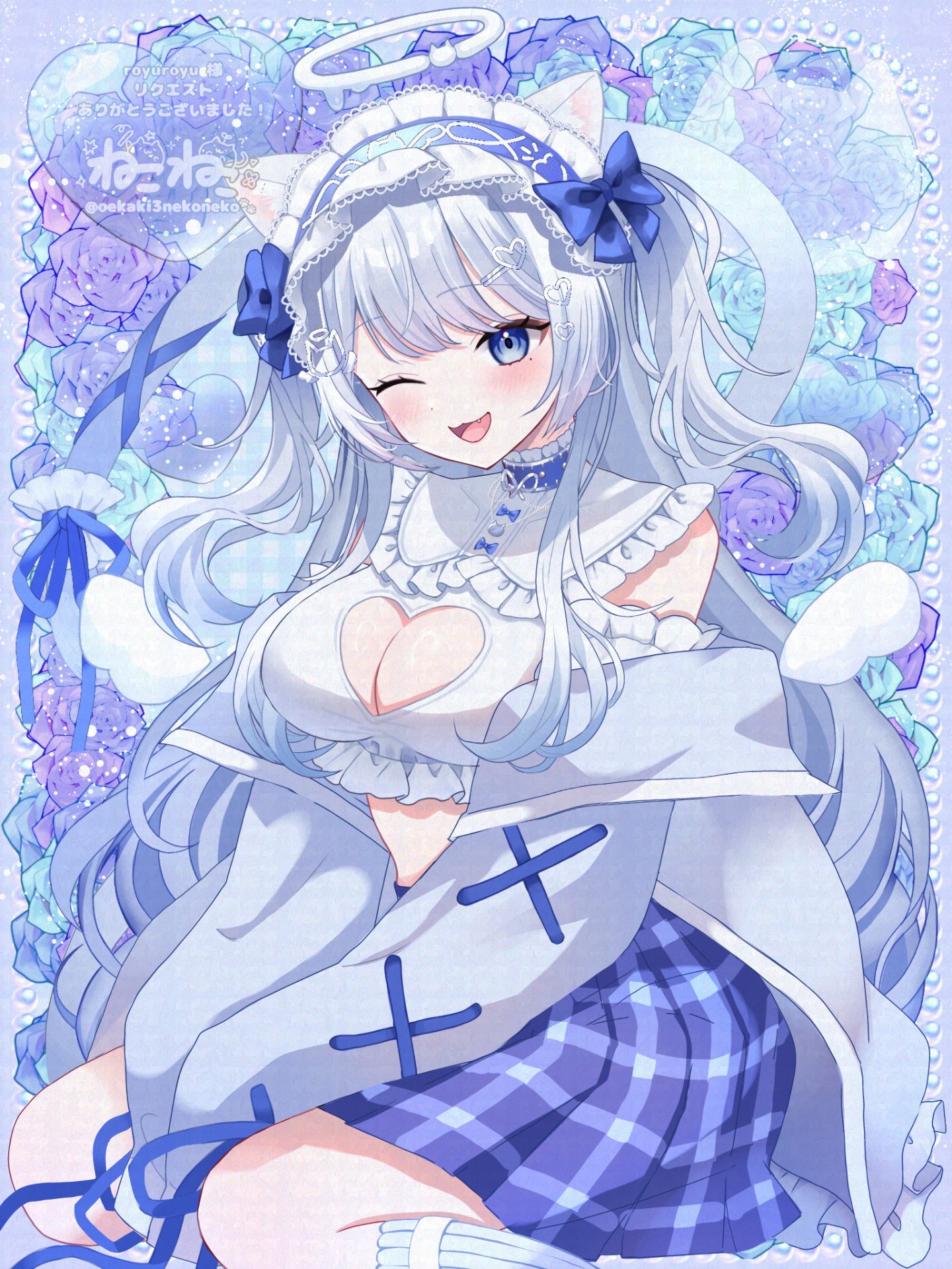 nekoneko (oekaki3nekoneko), indie virtual youtuber, highres, second-party source, 1girl, animal ears, bare shoulders, blue choker, blue eyes, bow, breasts, cat ears, choker, cleavage cutout, clothing cutout, crop top, fang, frilled shirt collar, frills, hair bow, halo, headdress, heart cutout, jacket, large breasts, long hair, looking at viewer, midriff, mole, mole under eye, nekone uyu, off shoulder, one eye closed, open clothes, open jacket, open mouth, plaid clothes, plaid skirt, pleated skirt, purple skirt, shirt, skirt, smile, solo, two side up, very long hair, virtual youtuber, white hair, white shirt