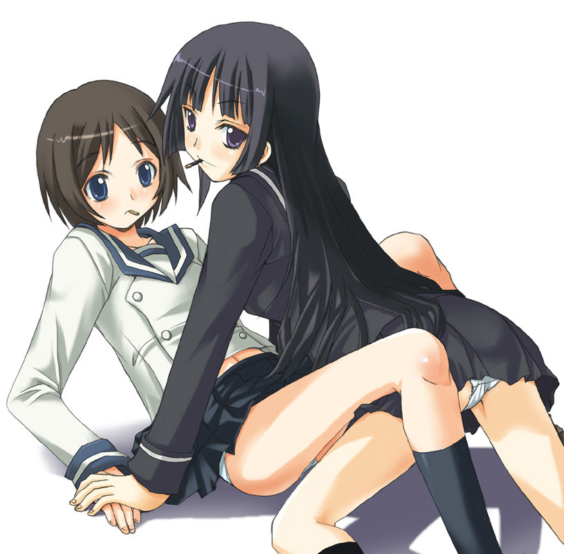 kagawa tomonobu, sukapon-do, isayama yomi, tsuchimiya kagura, ga-rei, ga-rei zero, 00s, 2girls, all fours, bent over, black hair, black socks, blue eyes, blunt bangs, brown hair, food, hime cut, kneehighs, long hair, midriff, mouth hold, multiple girls, navel, panties, pocky, pocky kiss, purple eyes, school uniform, serafuku, shared food, short hair, simple background, skirt, socks, underwear, upskirt, white background, white panties, yuri