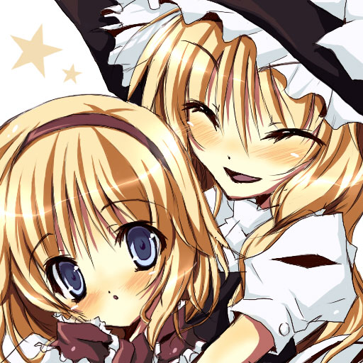 satou kuroon, alice margatroid, kirisame marisa, touhou, bad id, bad pixiv id, 2girls, :d, ^ ^, blonde hair, blue eyes, blush, braid, close-up, closed eyes, female focus, hairband, hat, head tilt, hug, looking at viewer, multiple girls, open mouth, puffy short sleeves, puffy sleeves, short hair, short sleeves, single braid, smile, star (symbol), tareme, upper body, witch hat, yuri