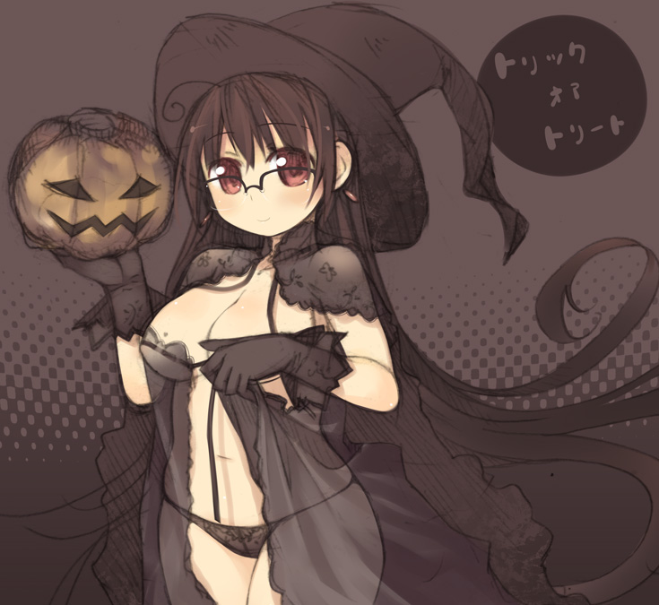 kashiwamochi yomogi, arima senne, original, 1girl, breasts, brown hair, female focus, glasses, grey background, grey theme, halloween, hat, jack-o'-lantern, large breasts, lingerie, long hair, mole, mole on breast, panties, pumpkin, red eyes, see-through clothes, solo, trick or treat, underwear, witch hat