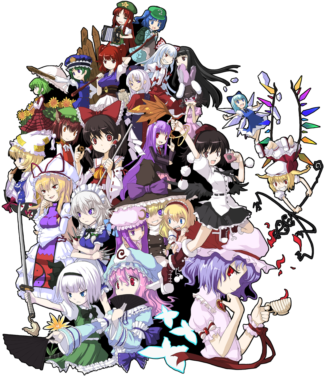 kanamari yukikuni, kanamariyukikuni, alice margatroid, chen, cirno, flandre scarlet, fujiwara no mokou, hakurei reimu, hong meiling, houraisan kaguya, inaba tewi, izayoi sakuya, kawashiro nitori, kazami yuuka, kirisame marisa, konpaku youmu, onozuka komachi, patchouli knowledge, reisen udongein inaba, remilia scarlet, saigyouji yuyuko, shameimaru aya, shiki eiki, yagokoro eirin, yakumo ran, yakumo yukari, touhou, eyebrows, bad id, bad pixiv id, highres, 6+girls, :d, = =, accordion, animal ears, animal hat, apron, arm up, ascot, bare shoulders, belt, between fingers, black hair, black skirt, blonde hair, blood, blue eyes, blunt bangs, bracelet, brown eyes, camera, cat ears, cat girl, crescent, crystal, cup, curly hair, dagger, detached sleeves, everyone, female focus, flat cap, flower, frills, full body, geta, gohei, grin, hair bobbles, hair ornament, hairband, hand fan, hat, holding, holding sword, holding weapon, instrument, jewelry, katana, knife, long sleeves, looking at viewer, maid headdress, mob cap, multiple girls, open mouth, outstretched arms, parasol, pleated skirt, polearm, pom pom (clothes), profile, puffy short sleeves, puffy sleeves, rabbit ears, red eyes, ribbon-trimmed sleeves, ribbon trim, rod of remorse, scared, scythe, shaded face, shoes, short hair, short sleeves, sidelocks, skirt, smile, sneakers, socks, star (symbol), stick, sunflower, sword, tassel, tea, tears, teeth, tengu-geta, triangular headpiece, twintails, two side up, umbrella, underbust, waist apron, weapon, white background, wide-eyed, wide sleeves, wings, witch