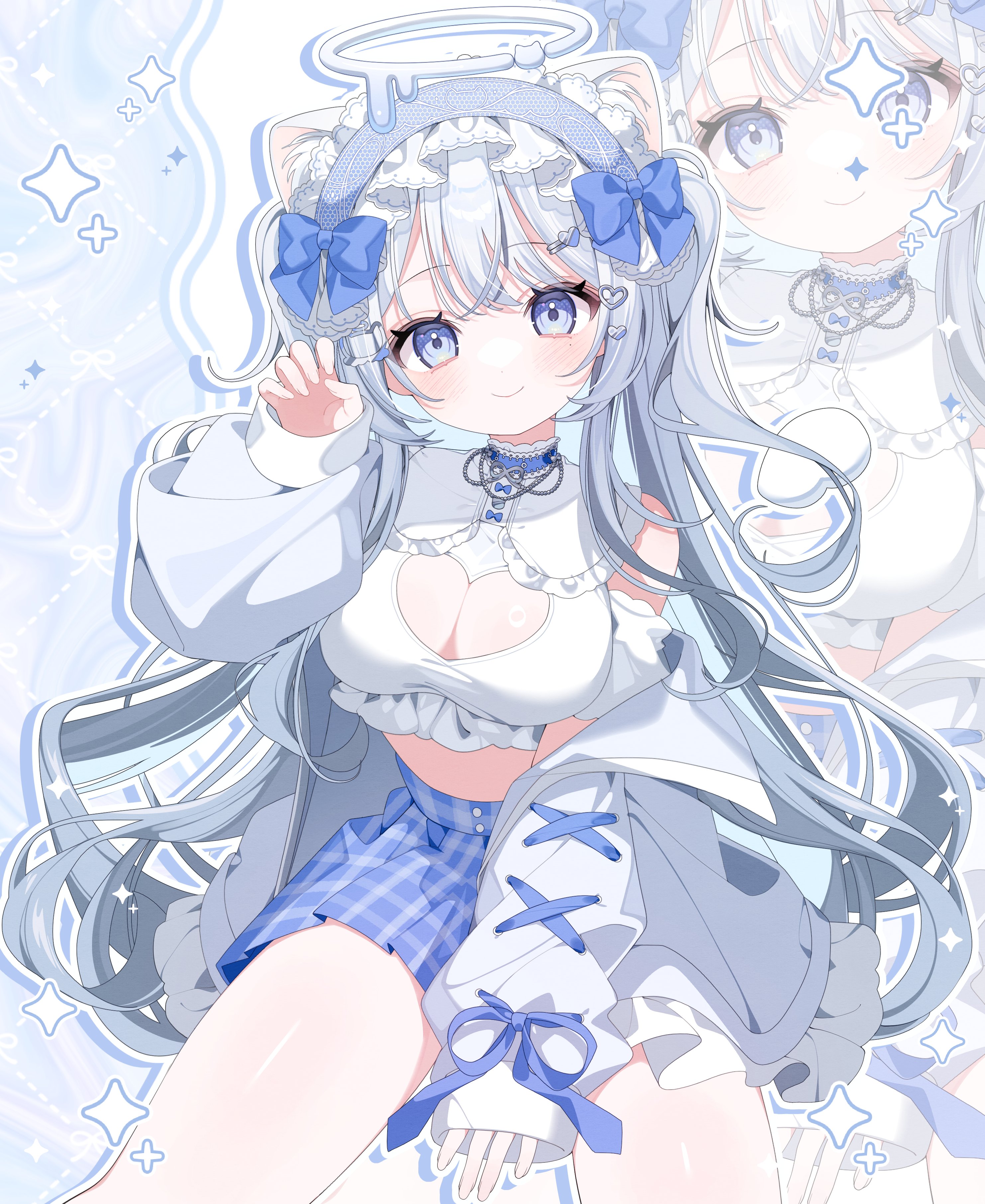 indie virtual youtuber, absurdres, highres, second-party source, 1girl, 63 m, animal ears, bare shoulders, between legs, blue choker, blue eyes, blue skirt, bow, breasts, cat ears, choker, claw pose, cleavage, cleavage cutout, closed mouth, clothing cutout, crop top, detached sleeves, frilled shirt collar, frills, hair bow, halo, hand between legs, hand up, heart cutout, jacket, large breasts, long hair, long sleeves, looking at viewer, midriff, miniskirt, mole, mole under eye, nekone uyu, off shoulder, open clothes, open jacket, plaid clothes, plaid skirt, pleated skirt, puffy long sleeves, puffy sleeves, shirt, short sleeves, skirt, sleeveless, sleeveless shirt, smile, solo, thighs, two side up, very long hair, virtual youtuber, white hair, white jacket, white shirt, zoom layer
