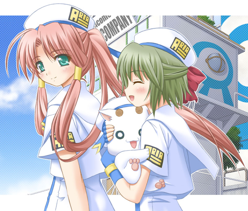 shiumai, aino ai, aria pokoteng, mizunashi akari, aria (manga), bad id, bad pixiv id, 00s, 2girls, aria company, aria company uniform, beret, blouse, closed eyes, green eyes, green hair, hair tubes, hat, long hair, multiple girls, pink hair, ponytail, shirt, short hair, sidelocks, white shirt