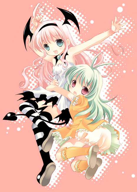 tokumi yuiko, lala satalin deviluke, run elsie jewelria, to love-ru, striped legwear, bad id, bad pixiv id, 00s, aged down, antenna hair, bloomers, green eyes, green hair, hairband, head wings, long hair, pink hair, red eyes, striped clothes, striped thighhighs, tail, thighhighs, underwear, wings