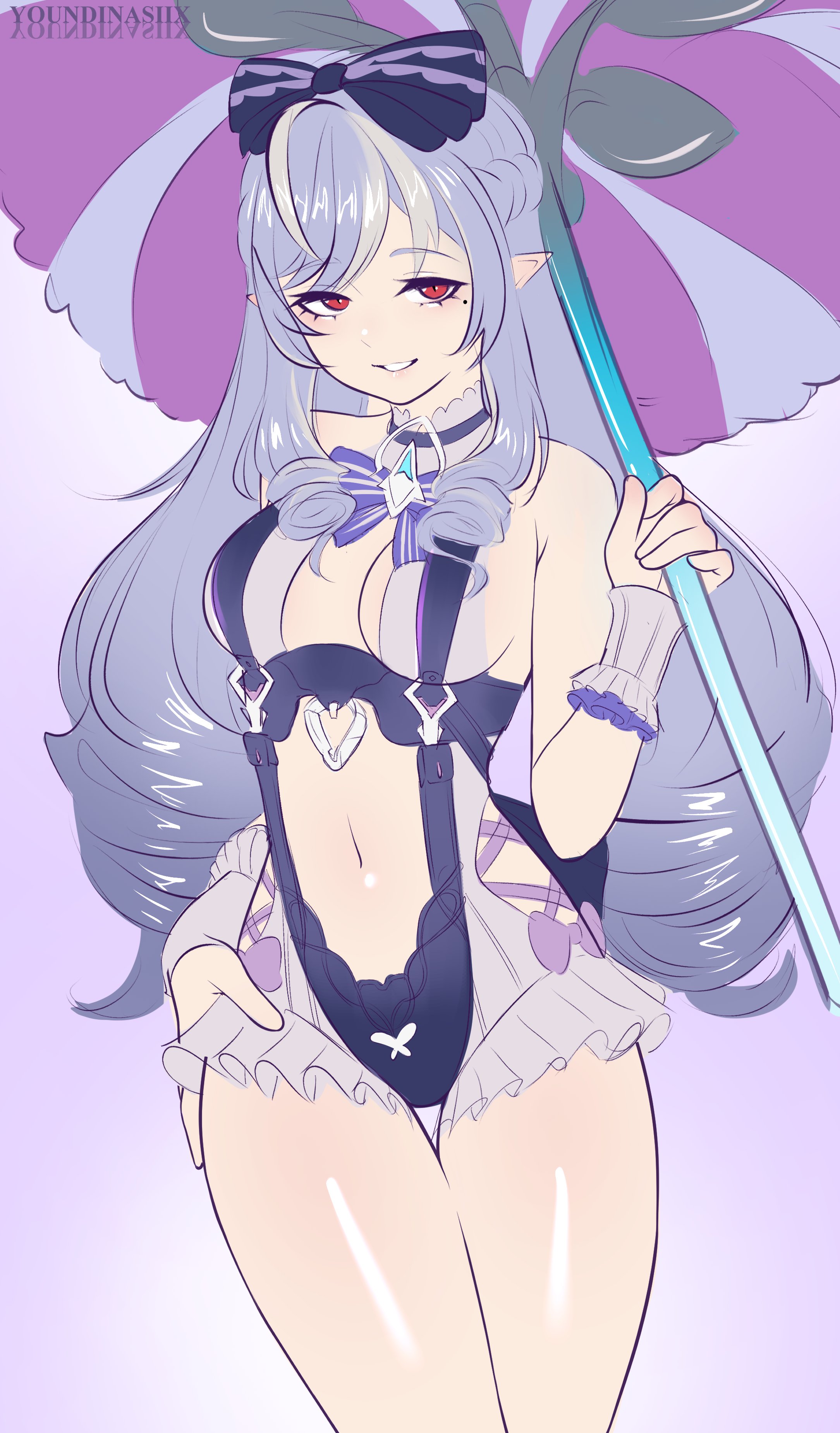 vivian banshee, zenless zone zero, absurdres, highres, 1girl, bow, bowtie, clothing cutout, frilled one-piece swimsuit, frills, holding, holding umbrella, mole, mole under eye, official alternate costume, one-piece swimsuit, parasol, pointy ears, purple bow, purple bowtie, purple umbrella, sideboob cutout, solo, stomach cutout, swimsuit, umbrella, vivian banshee (iris of the shore), youndinasiix