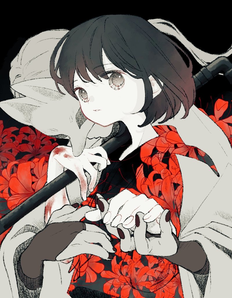 soranko, fox mask (silent hill), shimizu hinako, silent hill (series), silent hill f, 1boy, 1girl, black hair, black kimono, blood, blood on hands, bridal gauntlets, floral print, flower, fox mask, holding, holding hands, hug, hug from behind, industrial pipe, japanese clothes, kimono, long hair, looking at viewer, mask, print kimono, short hair, spider lily, spider lily print, upper body