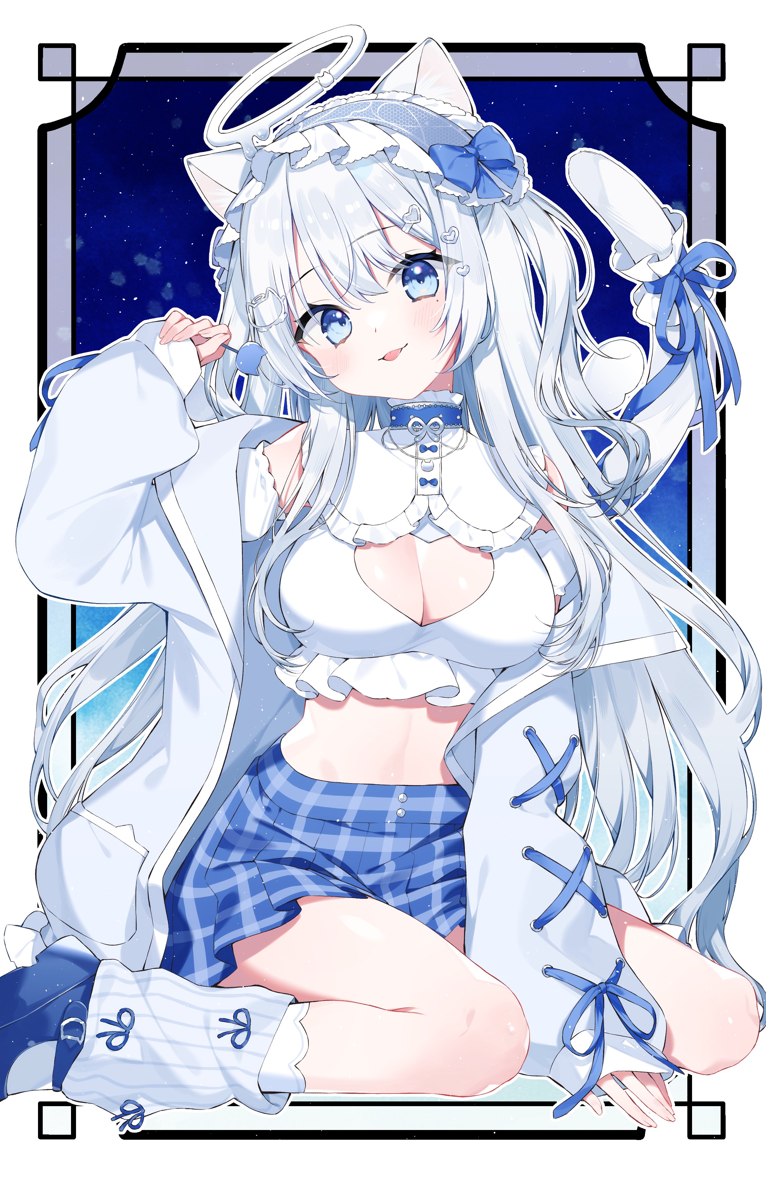 shimi to ufu, indie virtual youtuber, absurdres, highres, second-party source, 1girl, animal ears, bare shoulders, between legs, blue eyes, blue shoes, blue skirt, breasts, cat ears, cat girl, cat tail, cleavage, cleavage cutout, clothing cutout, crop top, detached sleeves, frilled shirt collar, frills, halo, hand between legs, hand up, headdress, heart cutout, jacket, kneehighs, large breasts, long hair, looking at viewer, midriff, miniskirt, mole, mole under eye, nekone uyu, off shoulder, one side up, open clothes, open jacket, plaid clothes, plaid skirt, pleated skirt, ribbed socks, shirt, shoes, short sleeves, sitting, skirt, sleeveless, sleeveless shirt, smile, socks, solo, tail, tongue, tongue out, very long hair, virtual youtuber, wariza, white hair, white jacket, white shirt