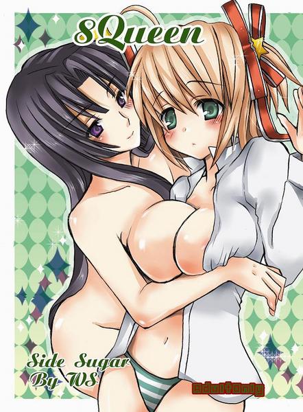 shira ichigo, kamikita komari, kurugaya yuiko, little busters!, bad id, jpeg artifacts, 2girls, black hair, blonde hair, blue eyes, blush, breast press, breasts, green eyes, hair ribbon, large breasts, long hair, multiple girls, nipples, open clothes, open shirt, panties, purple eyes, ribbon, school uniform, short hair, underwear