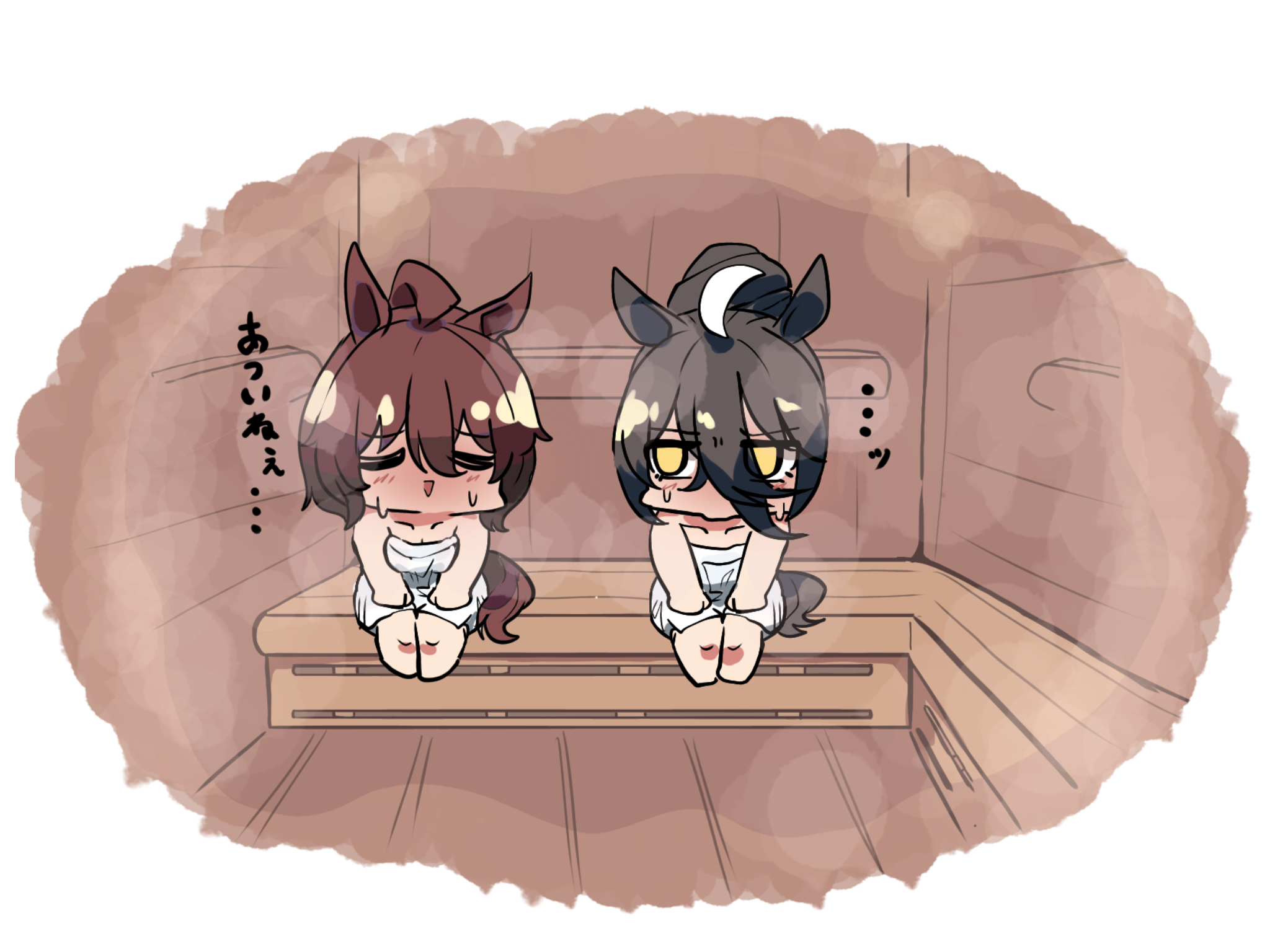 kawamochi (tddm3573), agnes tachyon (umamusume), manhattan cafe (umamusume), umamusume, highres, translation request, 2girls, ahoge, animal ears, bare arms, bare shoulders, barefoot, black hair, blush, brown eyes, brown hair, chibi, collarbone, hair between eyes, hair bun, horse ears, horse girl, horse tail, multiple girls, naked towel, sauna, sitting, sweat, tail, towel, v-shaped eyebrows