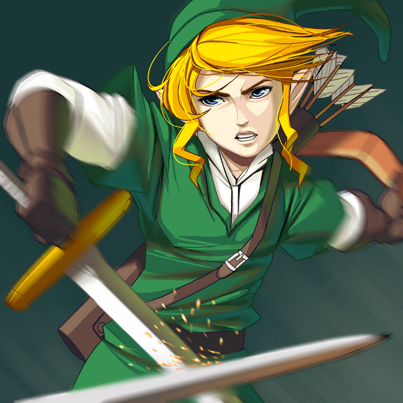 kouno (masao), link, nintendo, the legend of zelda, bad id, bad pixiv id, 1boy, blonde hair, blue eyes, fight, gloves, green background, green hat, green theme, hat, holding, holding sword, holding weapon, layered sleeves, long sleeves, male focus, motion blur, pointy ears, pov, short over long sleeves, short sleeves, simple background, solo, sword, weapon