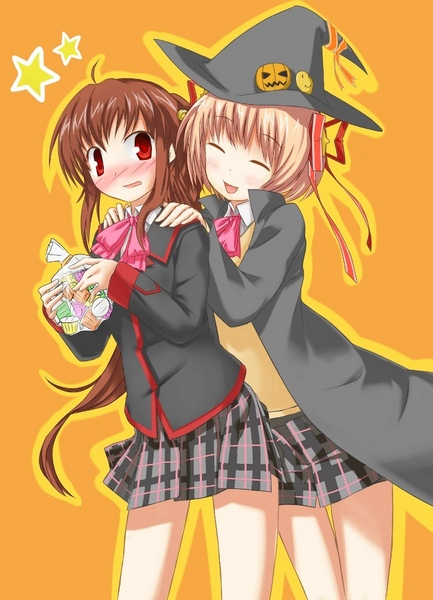 inu yori neko, kamikita komari, natsume rin, little busters!, plaid, resized, 2girls, aqua eyes, badge, bell, blonde hair, blue eyes, blush, brown hair, button badge, candy, cloak, closed eyes, gelatin, hair bell, hair ornament, hair ribbon, halloween, hat, long hair, multiple girls, pixiv thumbnail, plaid skirt, ponytail, red eyes, ribbon, school uniform, serafuku, short hair, skirt, smile, smiley face, witch hat