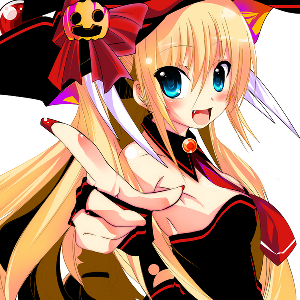 shiroki tsu ne, shirokitsune, tokido saya, little busters!, bad id, bad pixiv id, 1girl, blonde hair, blue eyes, blush, breasts, dress, fang, female focus, food-themed hair ornament, hair ornament, hair ribbon, halloween, hat, jack-o'-lantern, long hair, medium breasts, necktie, pointing, pumpkin, pumpkin hair ornament, ribbon, solo, white background