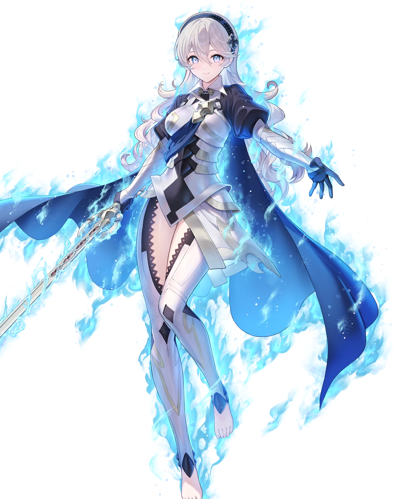 kousei horiguchi, female corrin (emblem) (fire emblem), female corrin (fire emblem), fire emblem, fire emblem engage, fire emblem fates, fire emblem heroes, nintendo, highres, non-web source, official art, 1girl, alternate eye color, aura, barefoot, black gloves, blue cape, cape, gloves, grey hair, hairband, holding, holding sword, holding weapon, long hair, looking at viewer, pointy ears, smile, solo, sword, tachi-e, weapon, yato (fire emblem)