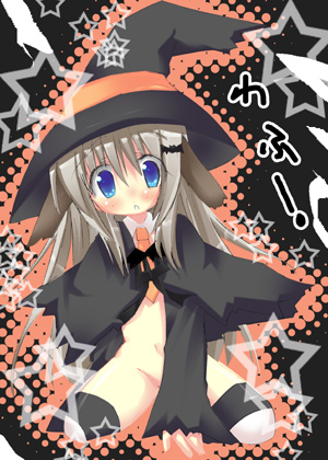 yuuki tsubasa, noumi kudryavka, little busters!, silver hair, lowres, animal ears, blonde hair, blue eyes, blush, censored, censored nipples, convenient censoring, dog ears, halloween, hat, long hair, necktie, thighhighs, witch