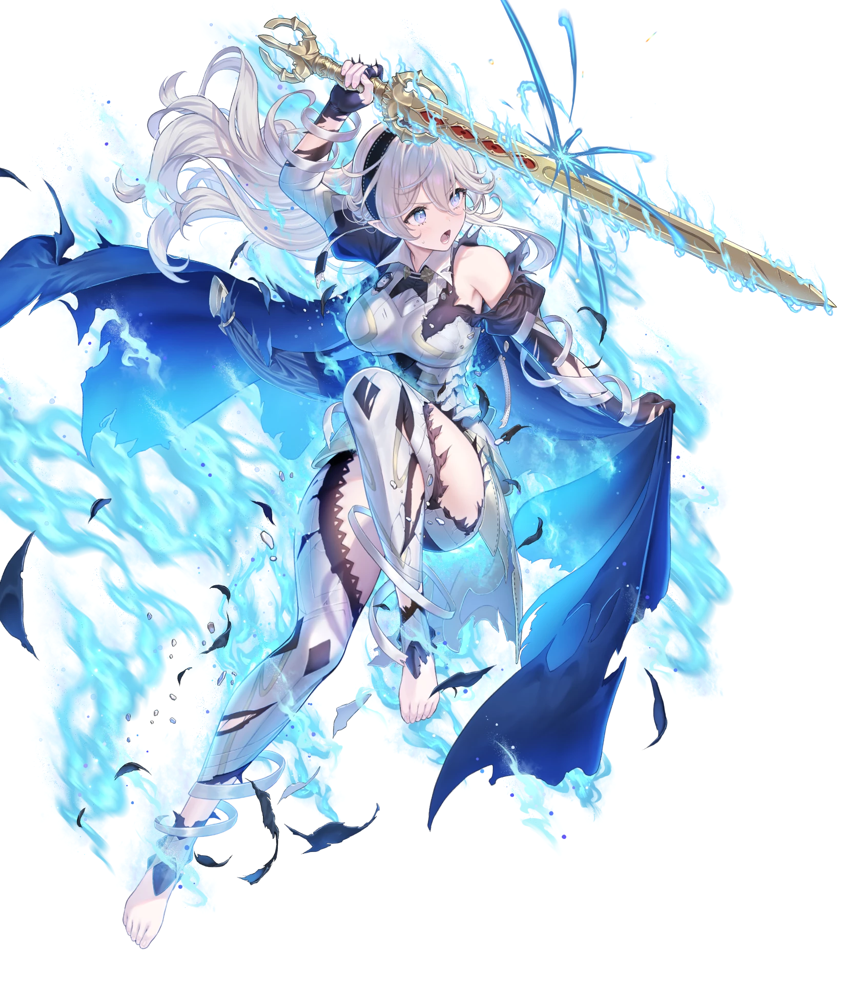 kousei horiguchi, female corrin (emblem) (fire emblem), female corrin (fire emblem), fire emblem, fire emblem engage, fire emblem fates, fire emblem heroes, nintendo, highres, non-web source, official art, 1girl, alternate eye color, aura, barefoot, black gloves, blue cape, cape, damaged, gloves, grey hair, hairband, holding, holding sword, holding weapon, long hair, open mouth, pointy ears, single bare shoulder, solo, sword, torn clothes, v-shaped eyebrows, weapon, yato (fire emblem)