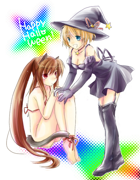 miyako ya, kamikita komari, natsume rin, little busters!, bad id, bad pixiv id, 2girls, :d, animal ears, bikini, bikini top only, blonde hair, blue eyes, blush, boots, bottomless, bra, breasts, brown hair, cat, cat ears, cat tail, cleavage, dress, halloween, happy halloween, hat, jewelry, lingerie, long hair, medium breasts, multiple girls, necklace, no panties, open mouth, panties, red eyes, short hair, small breasts, smile, swimsuit, tail, thighhighs, underwear, underwear only, witch