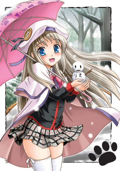 fujishima shinnosuke, noumi kudryavka, little busters!, silver hair, bad id, bad pixiv id, 1girl, beret, blonde hair, blue eyes, blush, bow, buttons, cape, fang, fangs, female focus, hat, large buttons, long hair, open mouth, pink bow, plaid clothes, plaid skirt, school uniform, serafuku, shinnosuke, skirt, snowman, solo, thighhighs, umbrella, winter