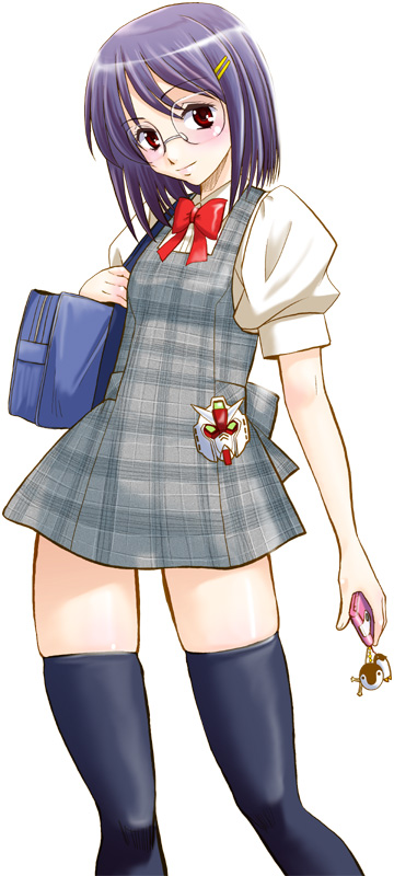 sentape, tieria erde, gundam, gundam 00, 00s, 1girl, blouse, blush, bow, breasts, cellphone, female focus, genderswap, genderswap (mtf), glasses, phone, purple hair, red eyes, school uniform, serafuku, shirt, short hair, skirt, small breasts, smile, socks, solo, thighhighs