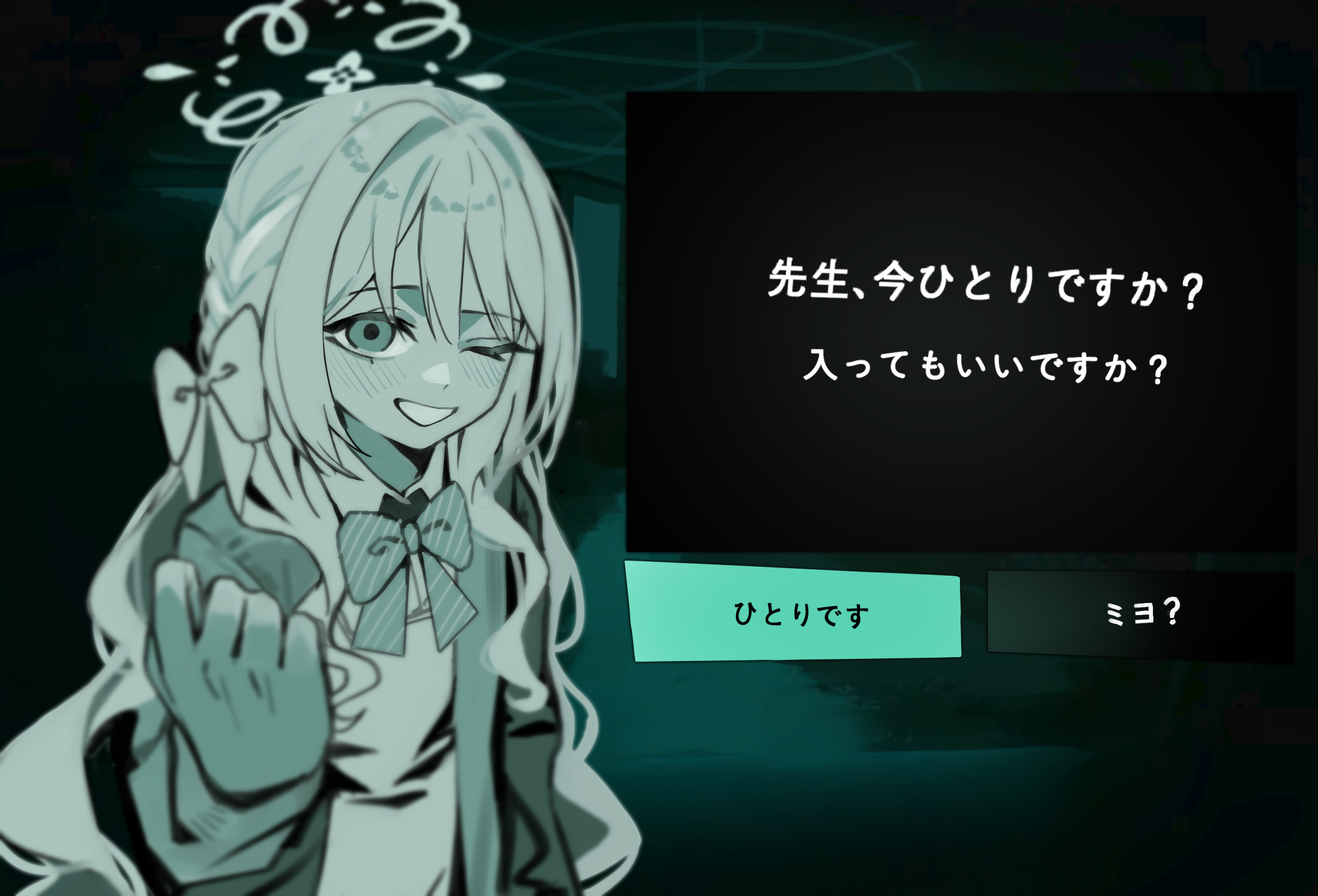ka keo, miyo (blue archive), blue archive, highres, translation request, 1girl, blazer, bow, bowtie, collared shirt, dialogue options, green theme, grin, hair bow, halo, jacket, long hair, looking at viewer, no i'm not a human, one eye closed, parody, shirt, smile, solo