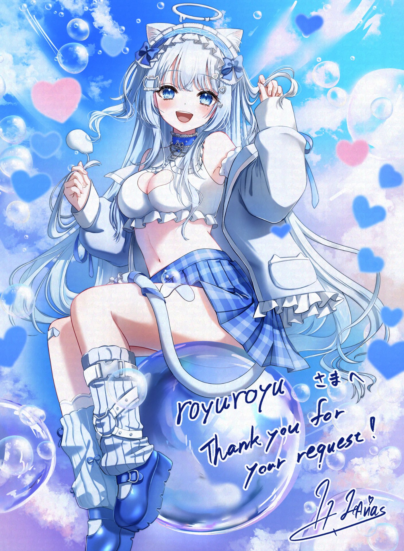 hinata habi, indie virtual youtuber, commission, highres, second-party source, skeb commission, 1girl, animal ears, bare shoulders, blue choker, blue eyes, blue shoes, blue skirt, breasts, cat ears, cat girl, cat tail, choker, cleavage, cleavage cutout, clothing cutout, crop top, frilled shirt collar, frills, full body, halo, hand up, headdress, heart cutout, jacket, kneehighs, long hair, long sleeves, looking at viewer, medium breasts, midriff, miniskirt, mole, mole under eye, navel, nekone uyu, off shoulder, open clothes, open jacket, open mouth, plaid clothes, plaid skirt, pleated skirt, ribbed socks, shirt, shoes, skirt, sleeveless, sleeveless shirt, smile, socks, solo, stomach, tail, thighs, two side up, very long hair, virtual youtuber, white hair, white jacket, white shirt