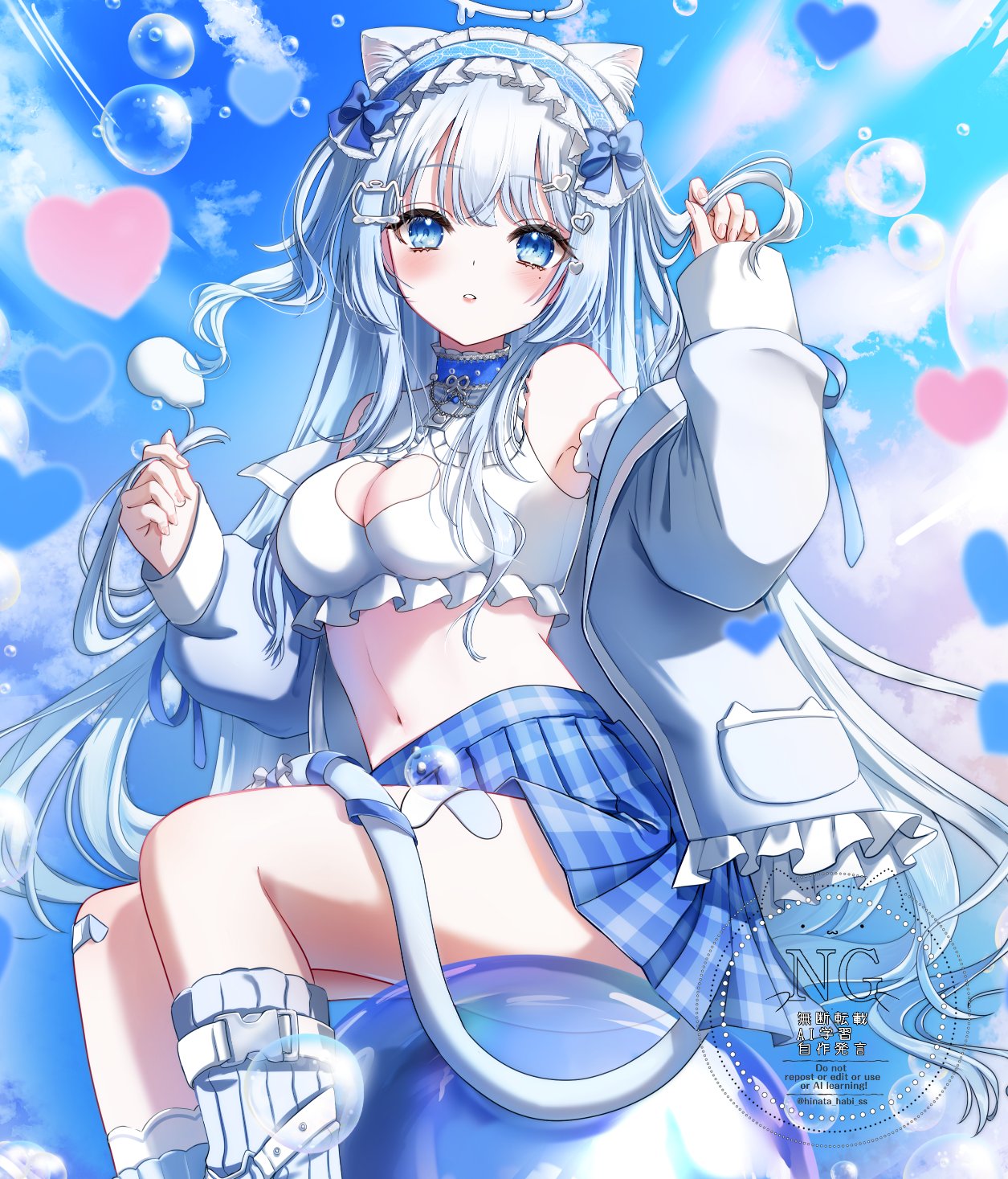 hinata habi, indie virtual youtuber, commission, highres, skeb commission, 1girl, animal ears, bare shoulders, blue choker, blue eyes, blue skirt, breasts, cat ears, cat girl, cat tail, choker, cleavage, cleavage cutout, clothing cutout, crop top, frilled shirt collar, frills, halo, hand up, headdress, heart cutout, jacket, kneehighs, long hair, long sleeves, looking at viewer, medium breasts, midriff, miniskirt, mole, mole under eye, navel, nekone uyu, off shoulder, open clothes, open jacket, parted lips, plaid clothes, plaid skirt, pleated skirt, ribbed socks, shirt, skirt, sleeveless, sleeveless shirt, socks, solo, stomach, tail, thighs, two side up, very long hair, virtual youtuber, white hair, white jacket, white shirt