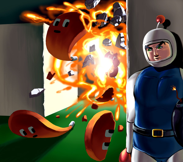 kouno (masao), white bomberman, bomberman, bad id, bad pixiv id, tagme, explosion, male focus, realistic, standing
