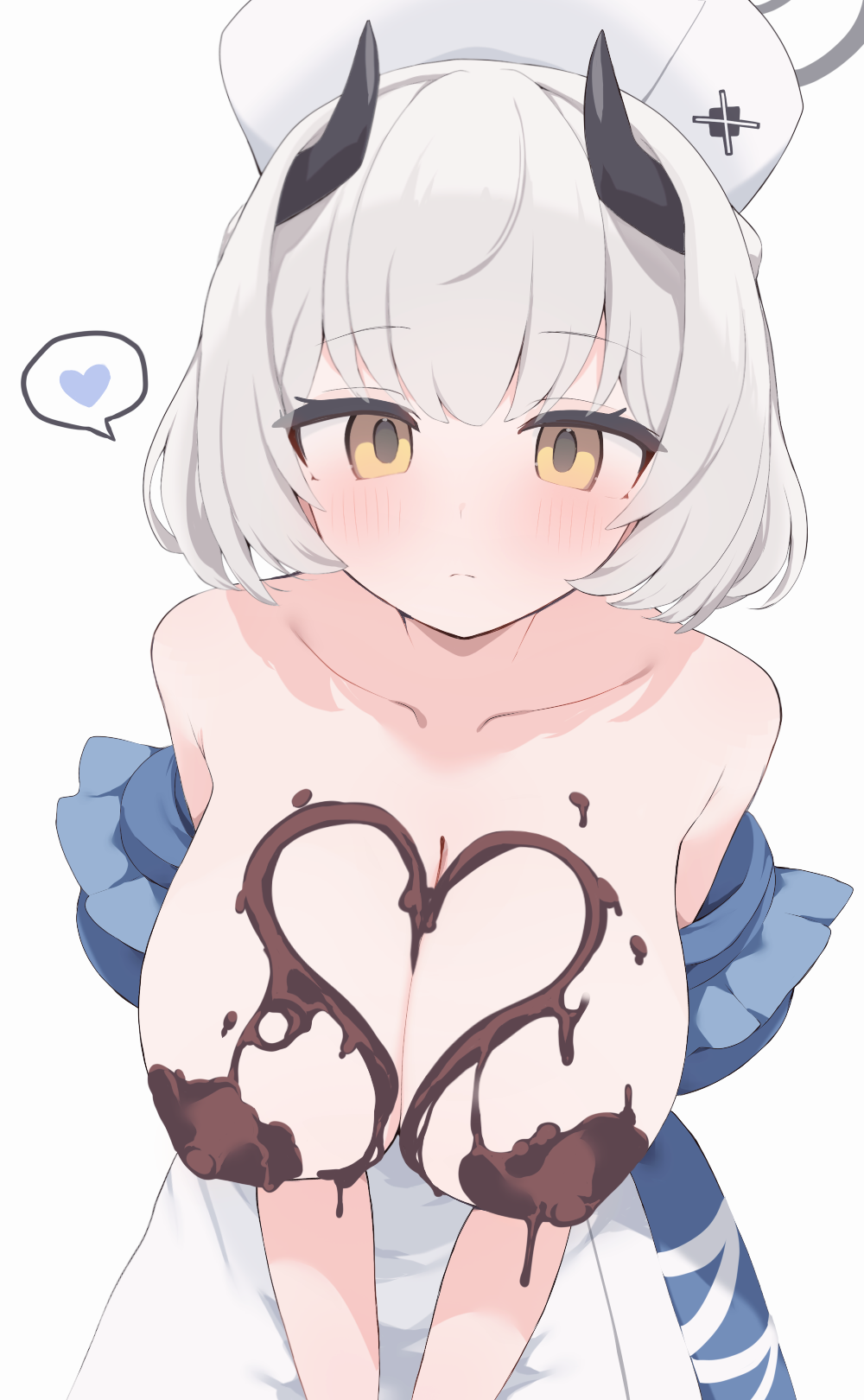 hone kawa, sena (blue archive), blue archive, highres, revision, variant set, 1girl, apron, black horns, blue dress, blush, breasts, breasts out, chocolate, chocolate on body, chocolate on breasts, chocolate on nipples, collarbone, covered erect nipples, dress, food on body, grey halo, halo, hat, heart, horns, huge breasts, looking at viewer, nurse, nurse cap, off shoulder, puffy short sleeves, puffy sleeves, short hair, short sleeves, solo, speech bubble, spoken heart, waist apron, white apron, white hair, white hat, yellow eyes