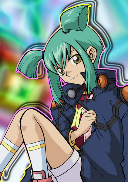 luca (yu-gi-oh!), yu-gi-oh!, yu-gi-oh! 5d's, 00s, flat chest, green hair, jacket, shirt, short hair, shorts, sitting, socks, twintails, yellow eyes