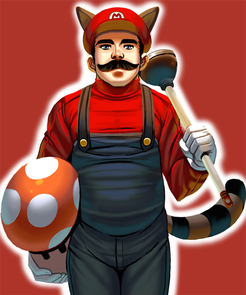 kouno (masao), mario, raccoon mario, mario (series), nintendo, super mario bros. 3, bad id, bad pixiv id, 1boy, animal ears, cowboy shot, facial hair, gloves, hat, male focus, mushroom, mustache, plunger, power-up, raccoon ears, raccoon tail, realistic, solo, super mushroom, suspenders, tail
