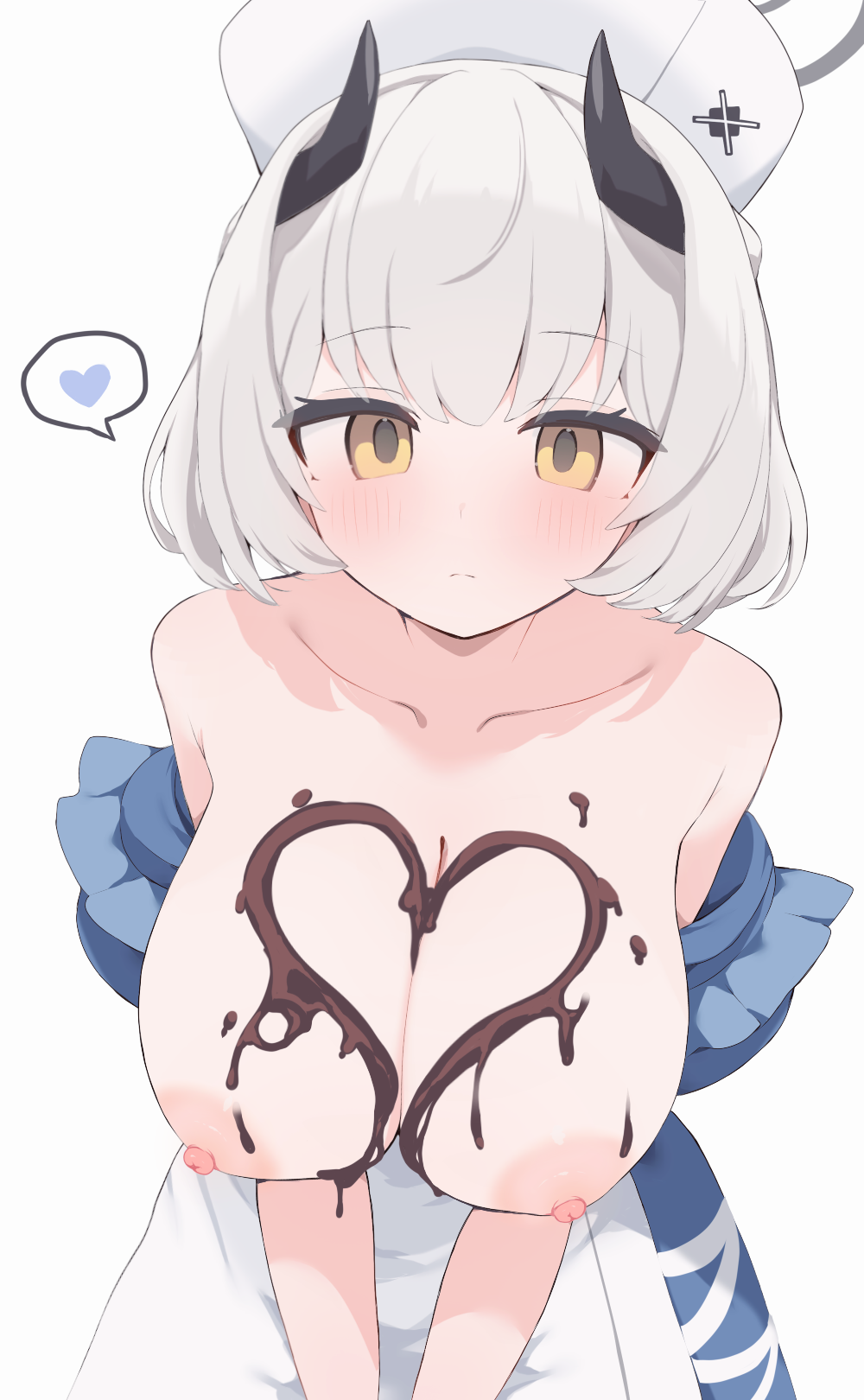 hone kawa, sena (blue archive), blue archive, highres, variant set, 1girl, apron, black horns, blue dress, blush, breasts, breasts out, chocolate, chocolate on body, chocolate on breasts, collarbone, dress, food on body, grey halo, halo, hat, heart, horns, large breasts, looking at viewer, nipples, nurse, nurse cap, off shoulder, puffy short sleeves, puffy sleeves, short hair, short sleeves, solo, speech bubble, spoken heart, waist apron, white apron, white hair, white hat, yellow eyes