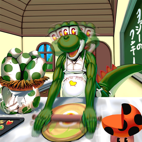 kouno (masao), yoshi, mario (series), nintendo, bad id, bad pixiv id, apron, cannibalism, cooking, egg, male focus, muscular, no humans, solo, super mushroom, what