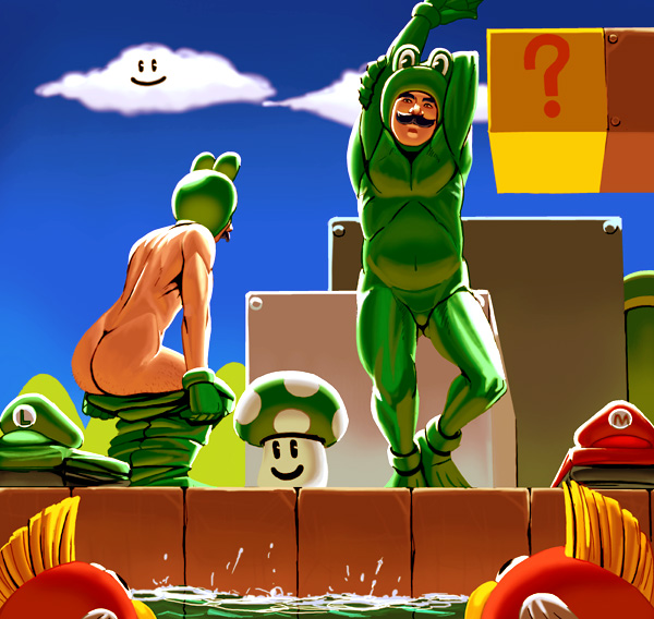 kouno (masao), cheep cheep, frog luigi, frog mario, luigi, mario, mario (series), nintendo, super mario bros. 1, super mario bros. 3, green headwear, red headwear, bad id, bad pixiv id, 1-up mushroom, 1up, 2boys, ?, ? block, animal costume, ass, brothers, cloud, creature, day, dressing, facial hair, fish, frog costume, hat, multiple boys, mushroom, mustache, realistic, siblings, stretching, swimsuit, water, what
