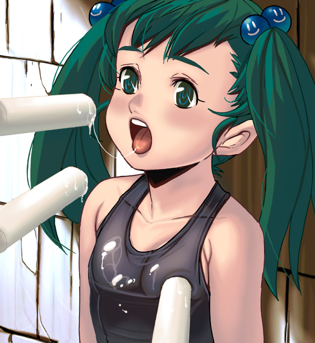 kouno (masao), hatsune miku, vocaloid, bad id, bad pixiv id, 1girl, aged down, female focus, food, green eyes, green hair, hair bobbles, hair ornament, matching hair/eyes, open mouth, poking, poking another's breast, popsicle, sexually suggestive, solo, spring onion, twintails