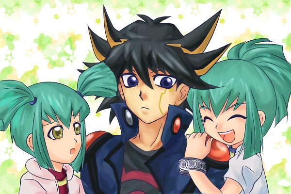akina, fudo yusei, lua (yu-gi-oh!), luca (yu-gi-oh!), yu-gi-oh!, yu-gi-oh! 5d's, jpeg artifacts, 00s, 1girl, 2boys, black hair, blue eyes, closed eyes, flat chest, green hair, happy, jacket, multicolored hair, multiple boys, ponytail, short hair, siblings, smile, streaked hair, twins, twintails, yellow eyes