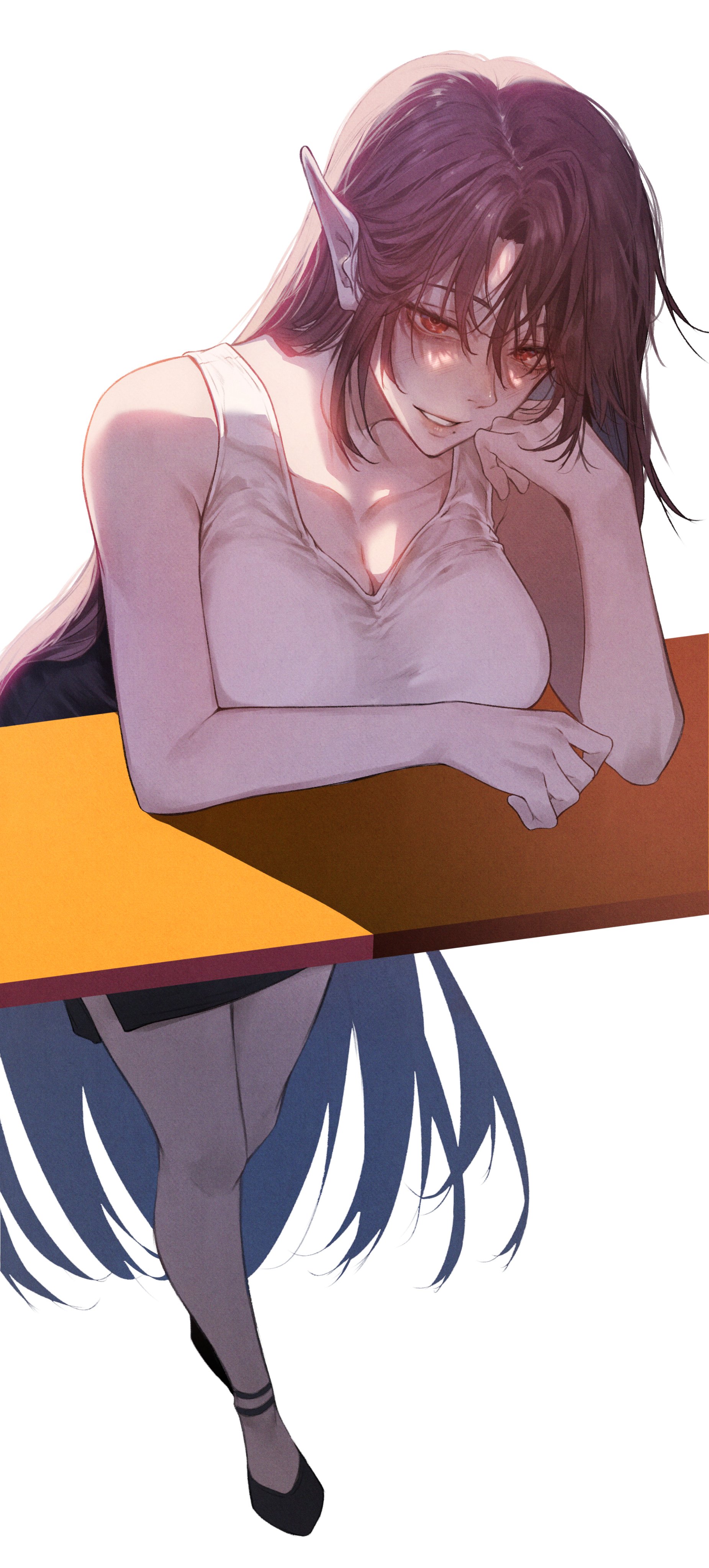 hplay, black footwear, highres, 1girl, bare arms, bare shoulders, black hair, black skirt, breasts, brown hair, cleavage, collarbone, elf, full body, hand on own face, head rest, large breasts, long hair, looking at viewer, parted lips, pencil skirt, pointy ears, red eyes, simple background, skirt, smile, solo, standing, tank top, very long hair, white background, white tank top