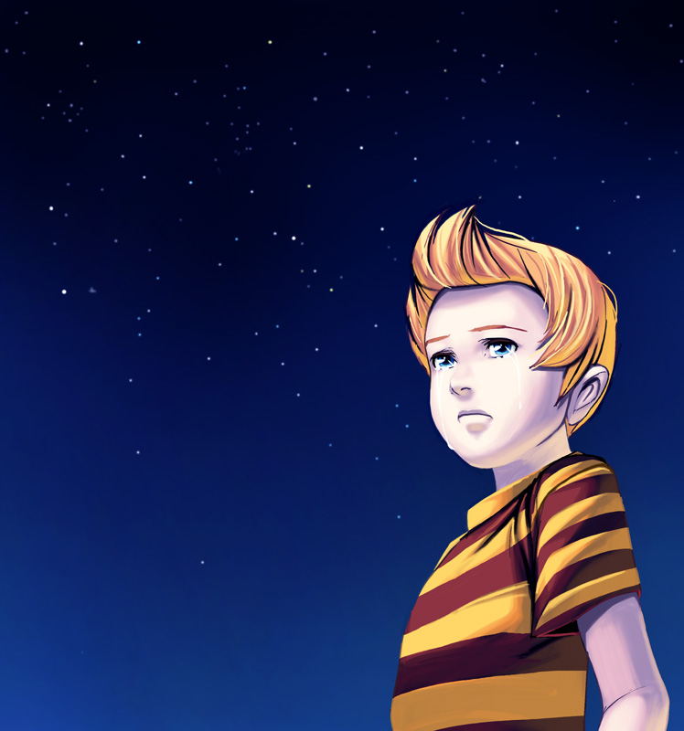 kouno (masao), lucas (mother 3), mother (series), mother 3, nintendo, bad id, bad pixiv id, 1boy, male focus, night, quiff, sky, solo, star (sky), star (symbol), starry sky, tears