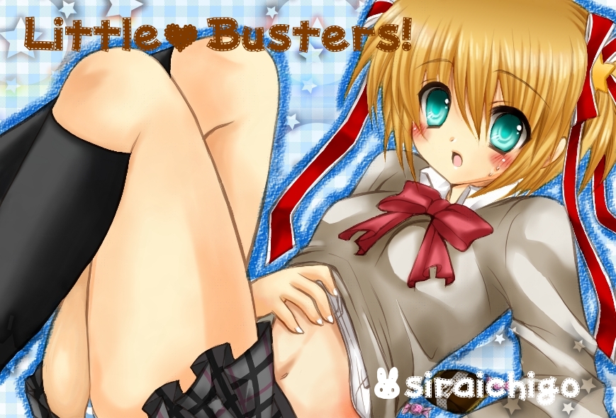shira ichigo, shira ichigo (ws), kamikita komari, little busters!, 1girl, aqua eyes, blonde hair, blue eyes, blush, bow, breasts, female focus, hair ribbon, midriff, panties, plaid clothes, plaid skirt, ribbon, school uniform, serafuku, short hair, skirt, solo, sweat, thighhighs, underwear, upskirt