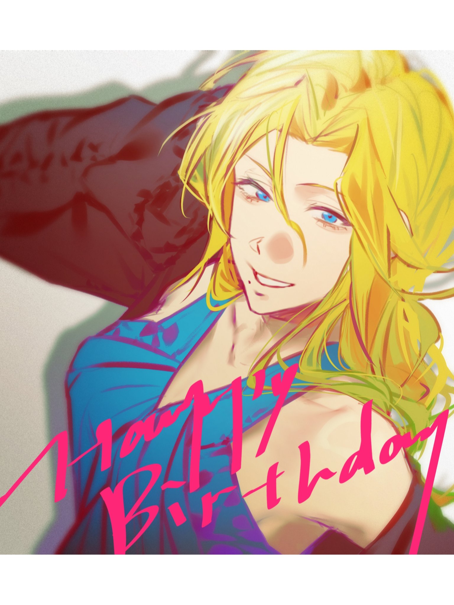 ihsekodwww, matsumoto rangiku, bleach, 1girl, arm behind head, bare shoulders, blonde hair, blue eyes, border, breasts, collarbone, female focus, happy birthday, large breasts, long hair, looking at viewer, mole, mole under mouth, simple background, upper body, white border