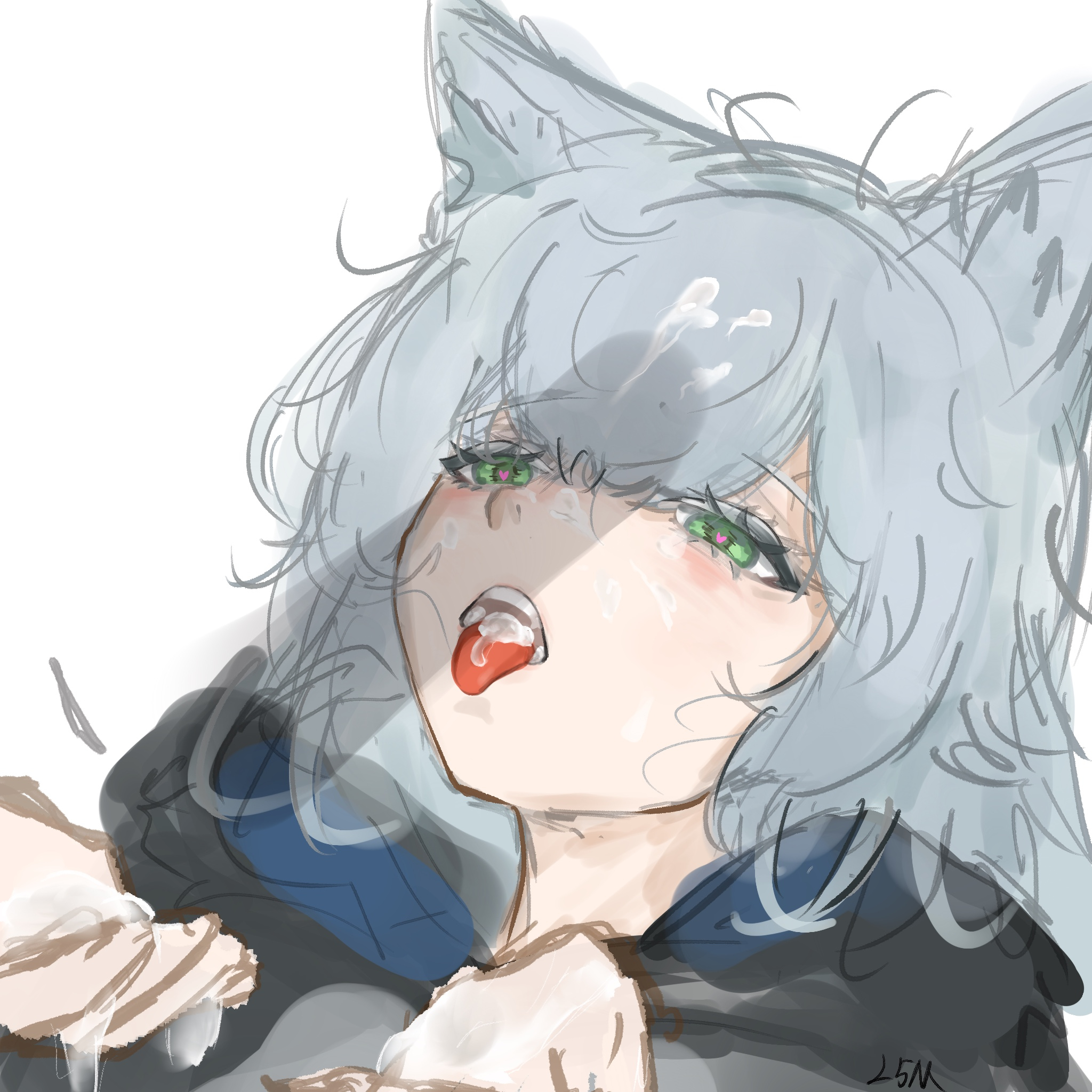 l5mon meng, rosmontis (arknights), arknights, highres, variant set, 1boy, 1girl, animal ear fluff, animal ears, black hoodie, cat ears, cat girl, cum, cum in mouth, cum on body, cum on hair, cum on hands, curly hair, ejaculation, facial, green eyes, grey hair, half-closed eyes, hands up, heart, heart-shaped pupils, hetero, hood, hoodie, long hair, open mouth, penis shadow, shadow, simple background, sketch, symbol-shaped pupils, teeth, tongue, tongue out, white background